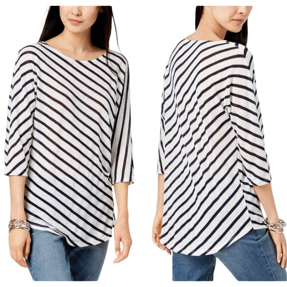 I-N-C Womens Jewel Neck Pullover Blouse Top White Black Women's Size XL